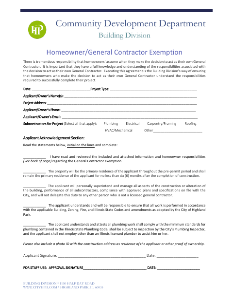 First page of the Homeowner/General Contractor Exemption