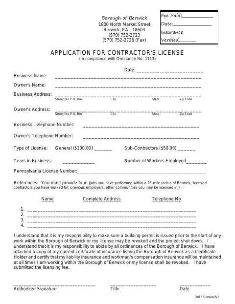 First page of the Contractor License Application