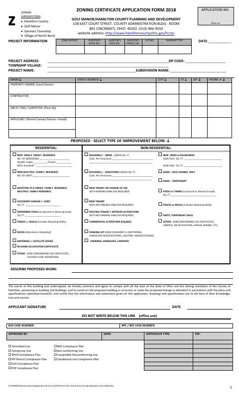 First page of the Zoning Certificate Application Form