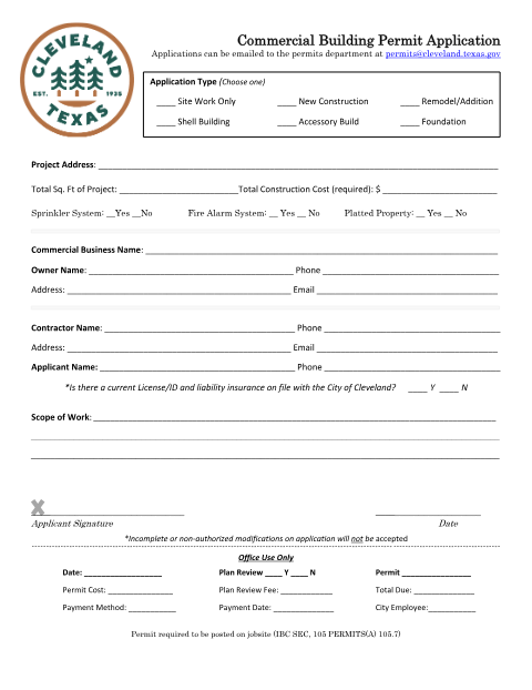First page of the Commercial Building Permit Application