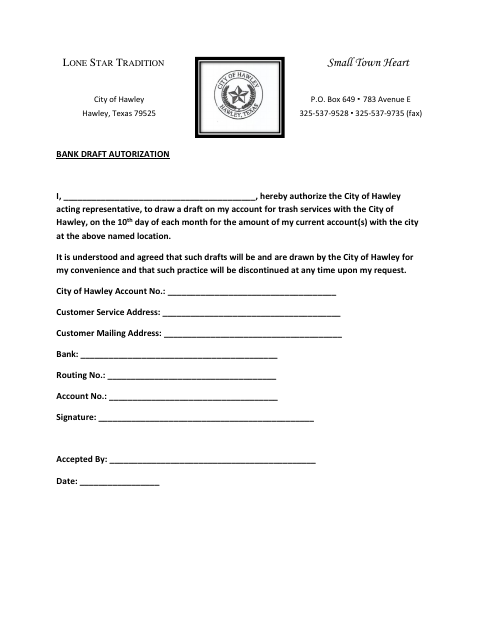 First page of the Bank Draft Authorization