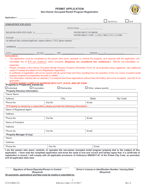 First page of the Non-Owner Occupied Rental Program Registration Application