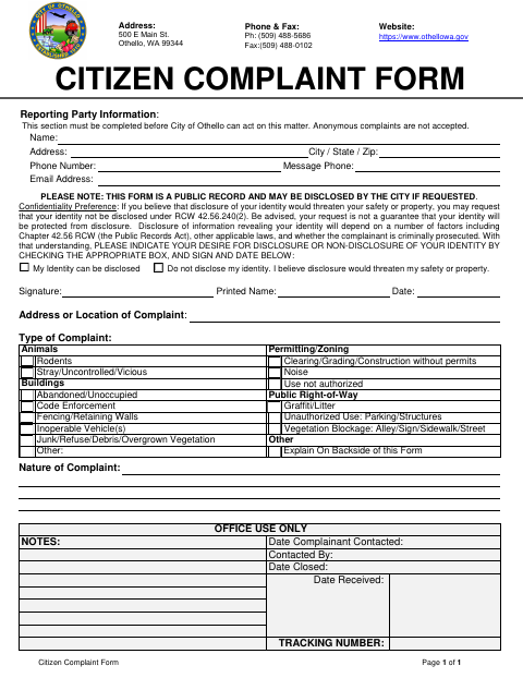 First page of the Citizen Complaint Form