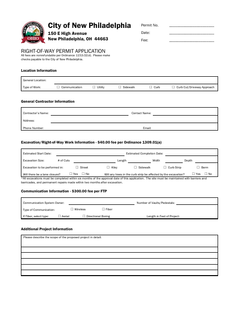 First page of the Right of Way Excavation Permit Application
