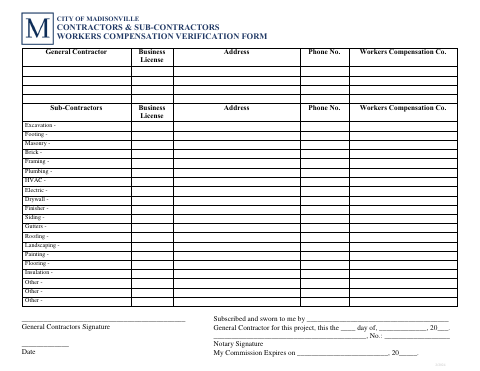 First page of the Contractors & Sub-Contractors Workers Compensation Verification Form