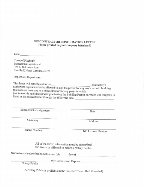 First page of the Subcontractor Confirmation Letter