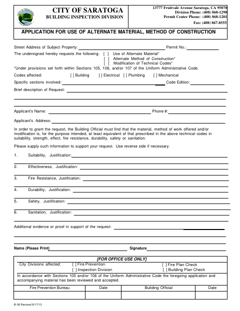 First page of the Application for Use of Alternate Material or Method of Construction