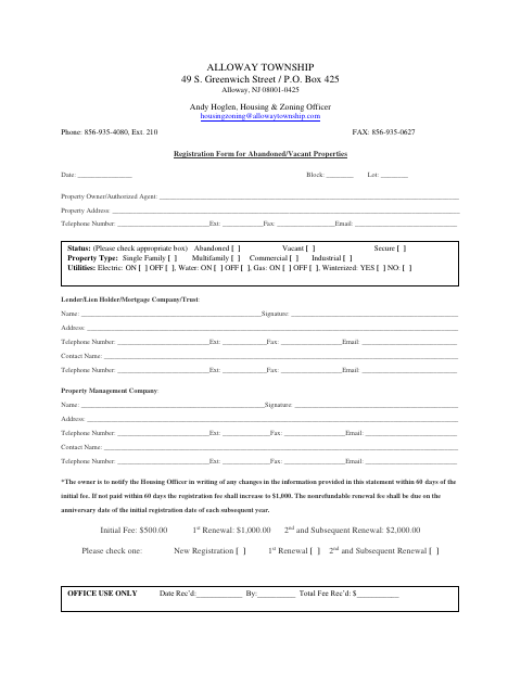 First page of the Registration Form for Abandoned/Vacant Properties