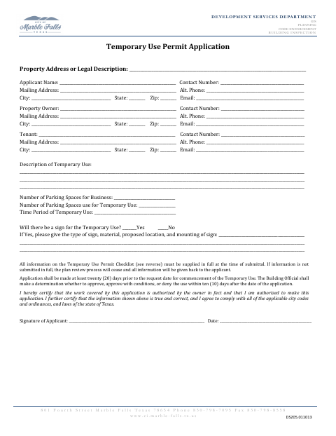 First page of the Temporary Use Permit Application