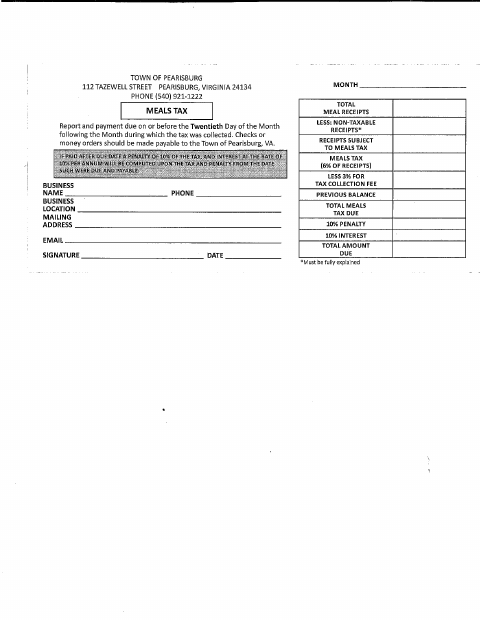 First page of the Meals Tax Form