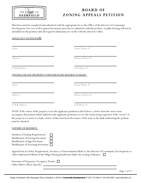 First page of the Board of Zoning Appeals Petition