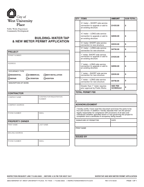 First page of the Water Tap and New Meter Permit Application