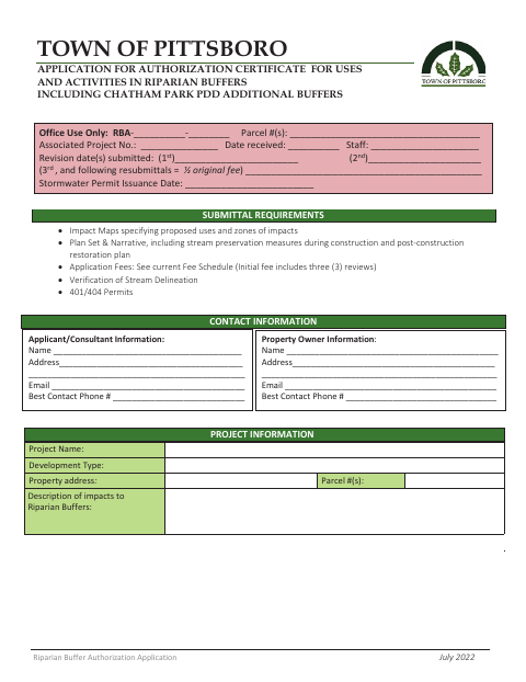First page of the Riparian Buffer Authorization Application