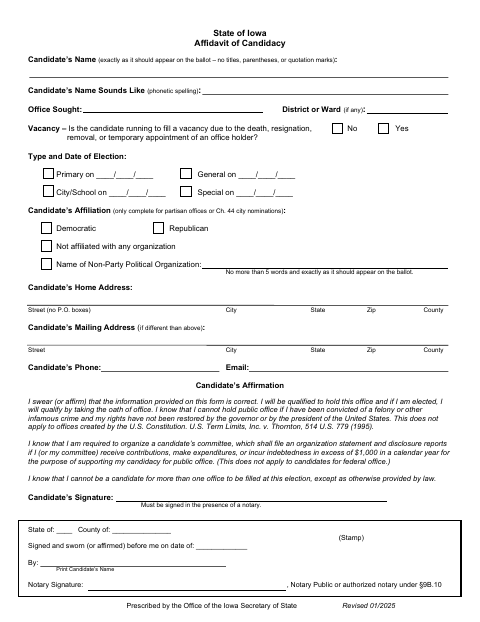First page of the Affidavit of Candidacy
