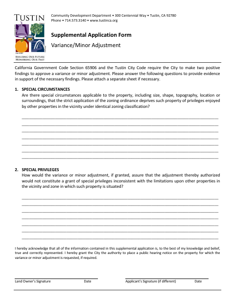 First page of the Supplemental Application – Variance/Minor Adjustment