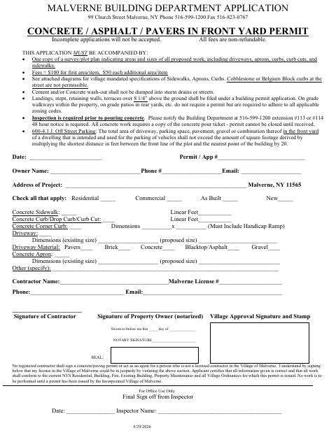First page of the Concrete, Asphalt, and Pavers in Front Yard Permit