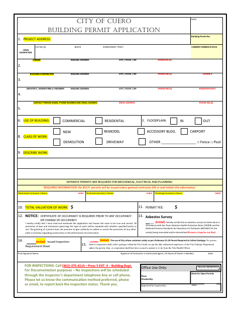 First page of the Building Permit Application