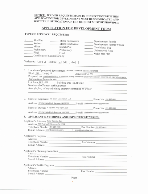 First page of the Application For Development And Variance Relief