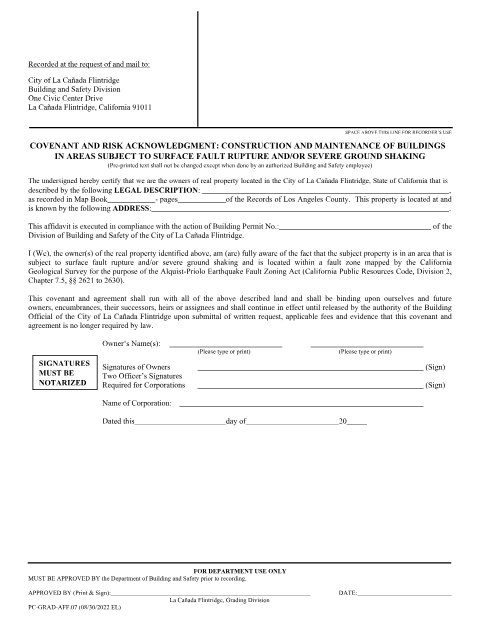First page of the Covenant and Risk Acknowledgment for Fault Zone Construction