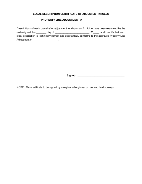 First page of the Property Line Adjustment Owner Certificate