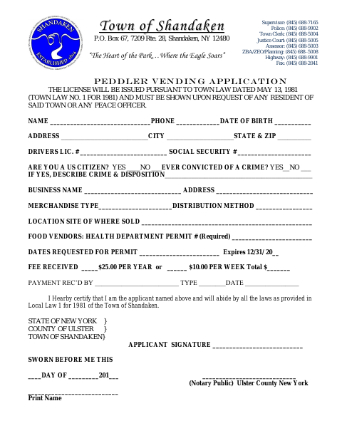 First page of the Peddler Vending Application
