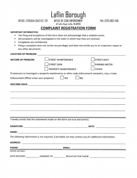 First page of the Code Enforcement Complaint Registration Form