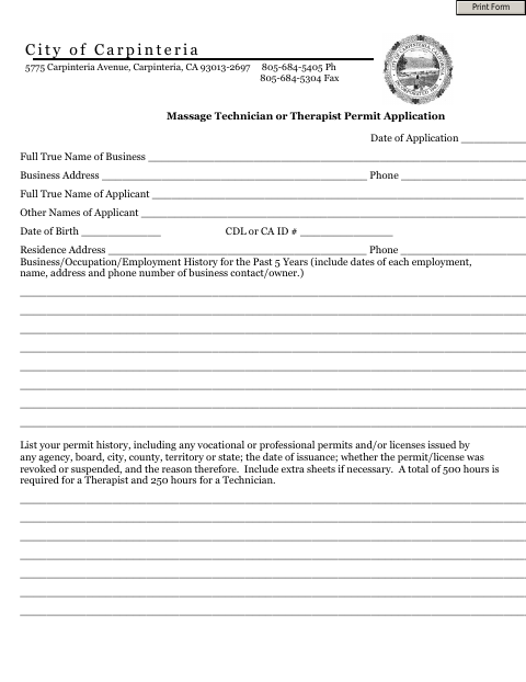 First page of the Massage Technician or Therapist Permit Application