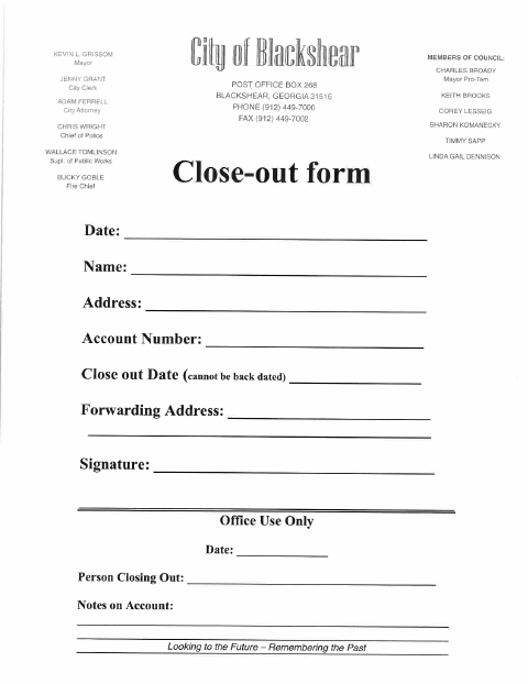 First page of the Water Service Close-Out Form