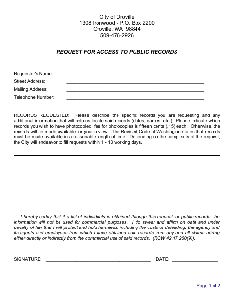 First page of the Request for Access to Public Records