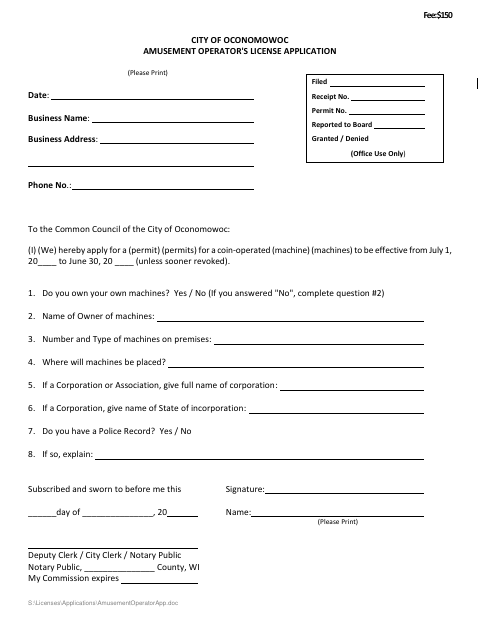 First page of the Amusement Operator's License Application