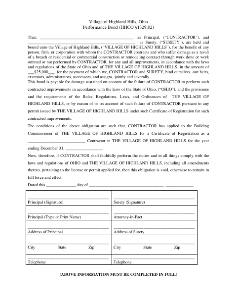 First page of the Performance Bond
