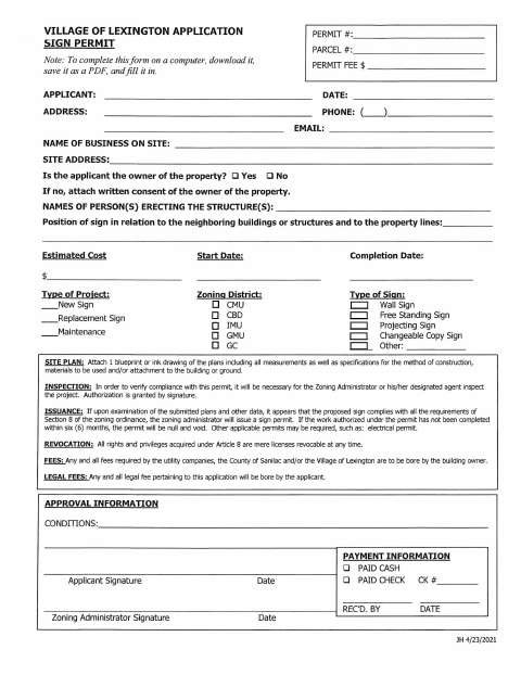 First page of the Sign Permit
