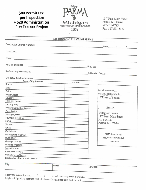 First page of the Plumbing Permit Application