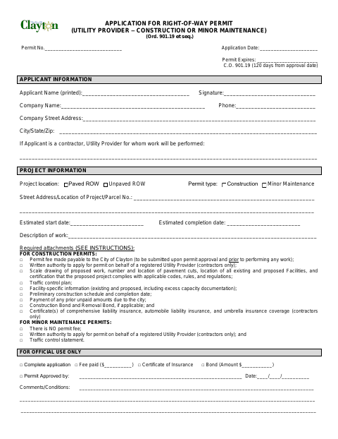 First page of the Application for Right-of-Way Permit (Utility Provider)