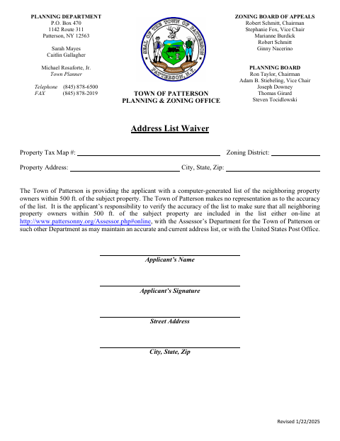 First page of the Address List Waiver