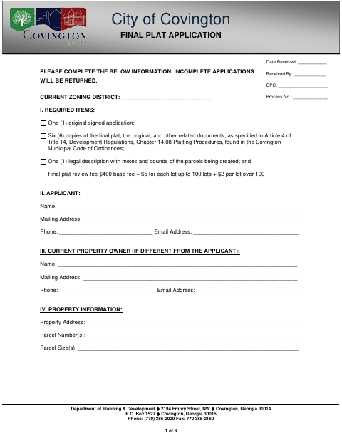 First page of the Final Plat Application