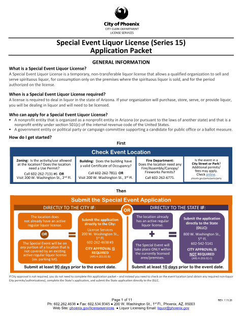 First page of the Special Event Liquor License (Series 15) Application Packet