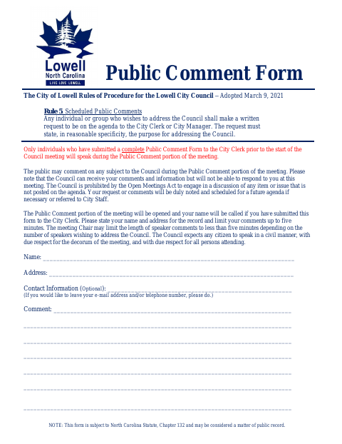 First page of the Public Comment Form