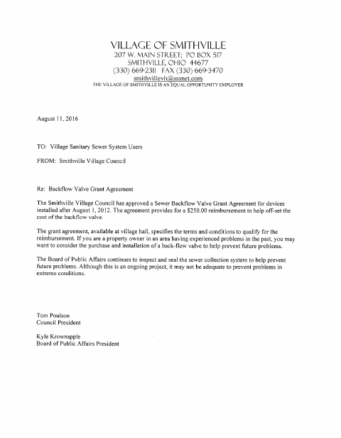 First page of the Sewer Backflow Valve Grant Agreement