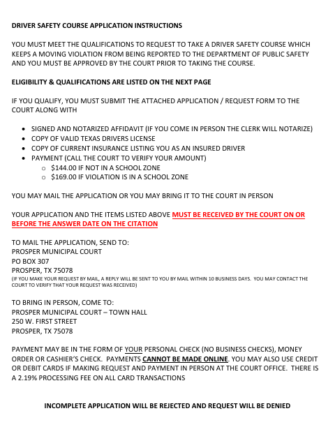 First page of the Driver Safety Course Application and Affidavit