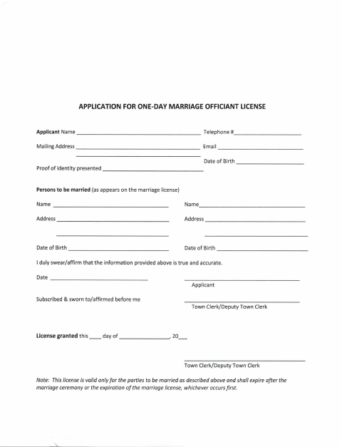 First page of the One-Day Marriage Officiant License Application