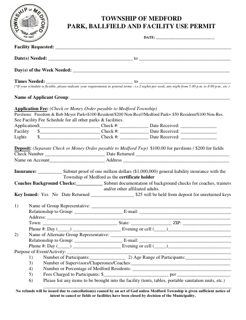 First page of the Ballfield, Park and Facility Use Permit