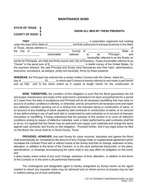 First page of the Maintenance Bond