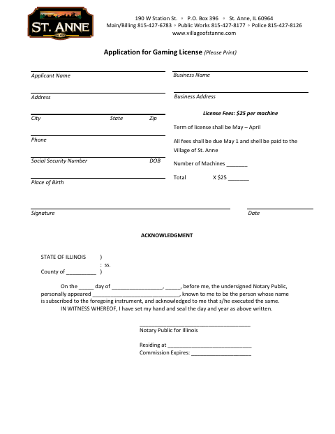 First page of the Application for Gaming License