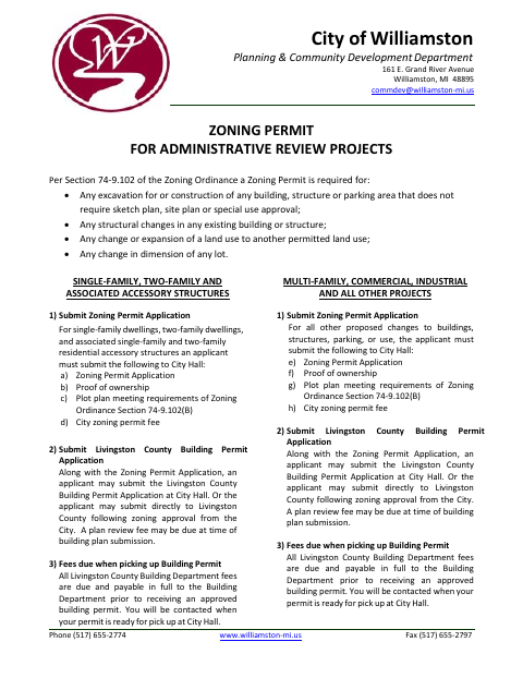 First page of the Zoning Permit for Administrative Review Projects