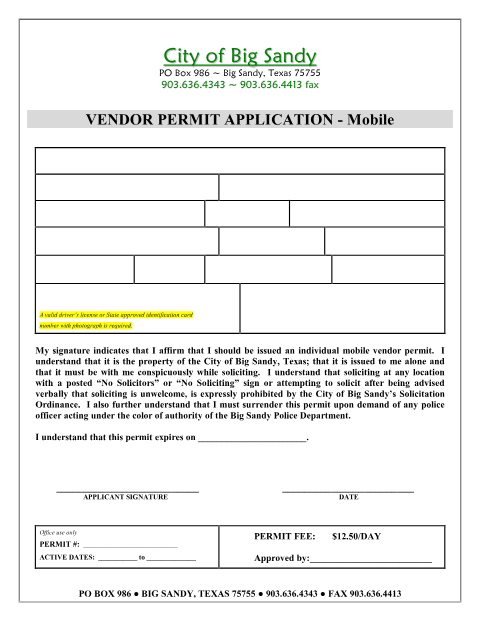 First page of the Mobile Vendor Permit Application