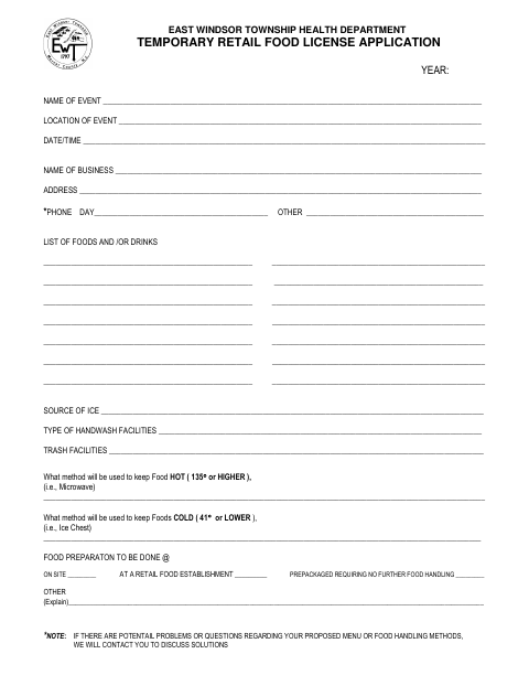 First page of the Temporary Retail Food License Application