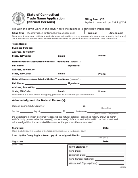 First page of the Trade Name Application (Natural Persons)