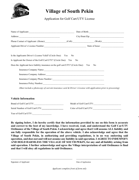 First page of the Application for Golf Cart/UTV License
