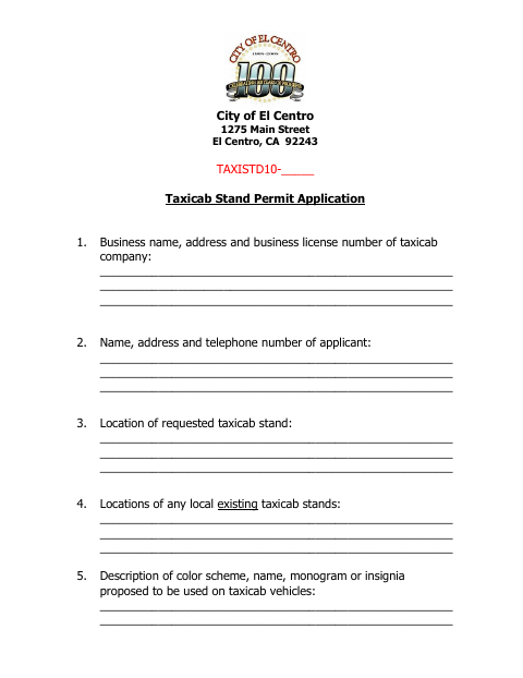 First page of the Taxicab Stand Permit Application